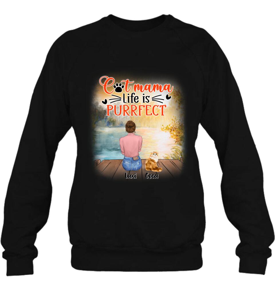 Personalized Cat Mom Shirt/Pullover Hoodie - Up to 5 Cats - Gift Idea For Cat Lover - Cat Mama Life Is Purrfect