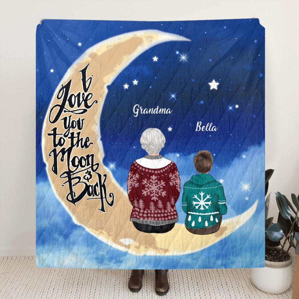 Personalized Grandma/Grandpa & Grandchilds Sitting On Moon Pillow Cover/Quilt/Fleece Blanket - Up to 4 Kids - Gift Idea For Grandma/Grandpa - I Love You To The Moon And Back