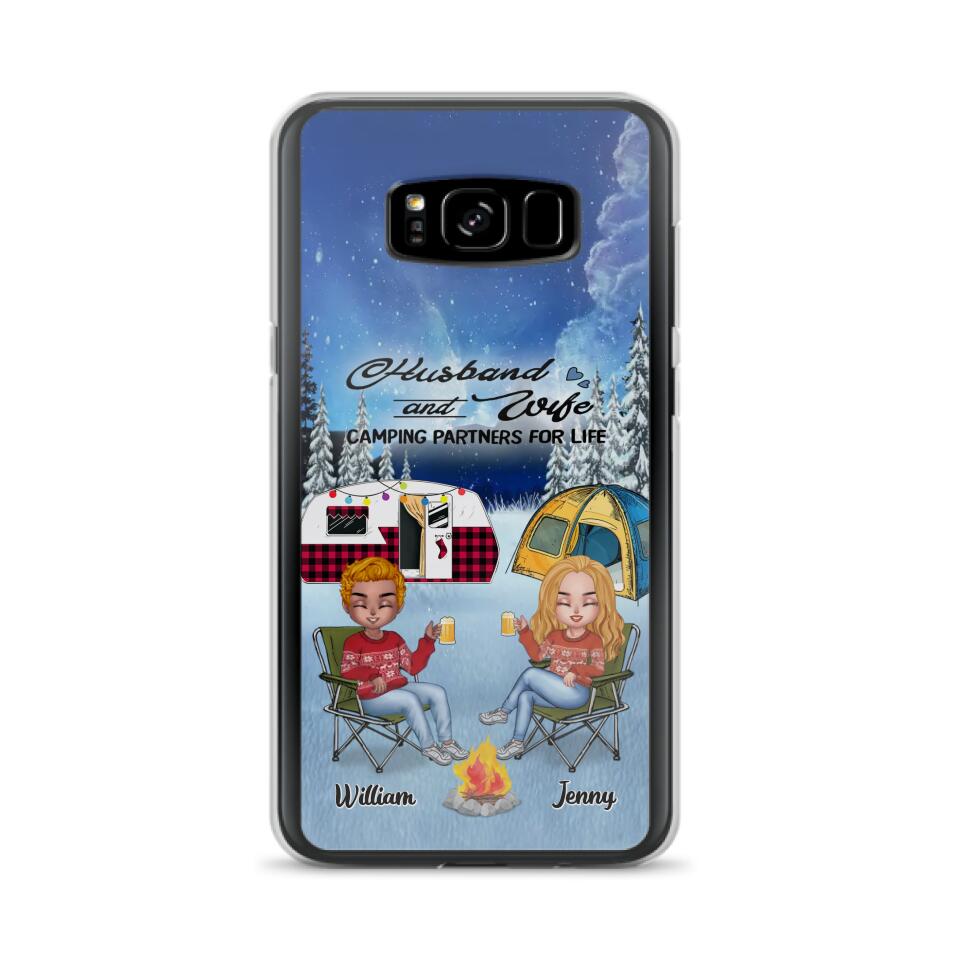 Personalized Camping Couple Xmas Phone Case - Christmas Gift For Couple/Camping Lover/ Dog Lover - Couple With Up to 4 Dogs - Husband And Wife Camping Partners For Life - Case For iPhone And Samsung
