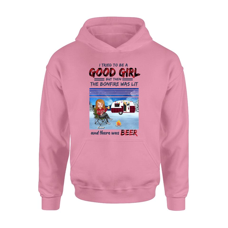 Personalized Xmas Camping Girl Shirt/Hoodie - Christmas Gift For Camping Lover - Girl With Up to 4 Dogs - I Tried To Be A Good Girl