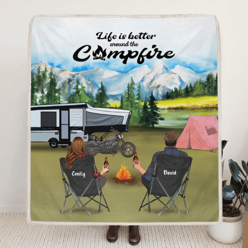 Personalized Camping Blanket - Parents with Up To 5 Kids & 4 Pets - Gift Idea For The Whole Family - Life is better around the campfire