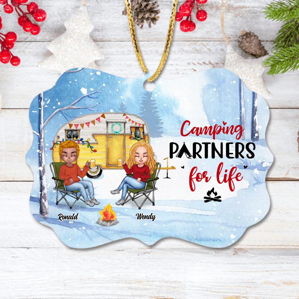 Personalized Christmas Winter Camping Rectangle Wooden/Acrylic Ornament - Christmas Gift For Camping Lover - Couple With Up to 4 Pets - Camping Partners For Life
