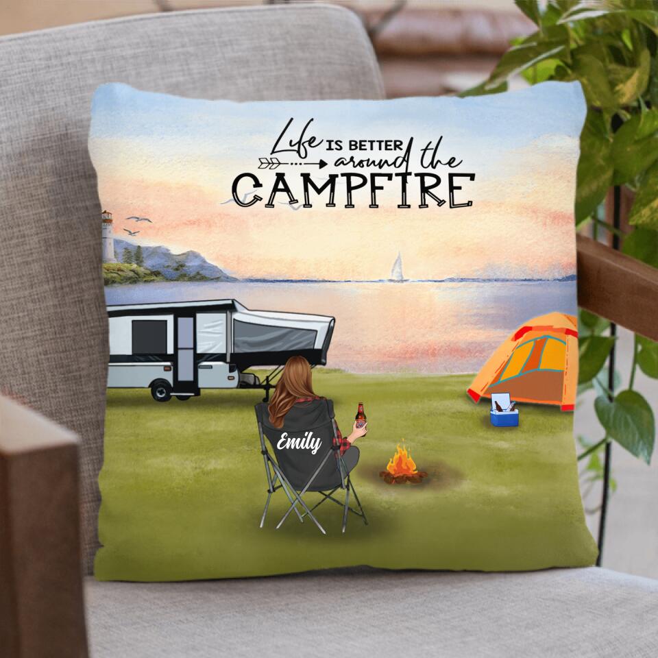 Personalized Camping Fleece Blanket/Quilt/Pillow Cover - Best Gift For Camping Family/Couple/Single Parent/Solo - Full Option - Up to 4 Kids and 3 Pets - Life Is Better Around The Campfire