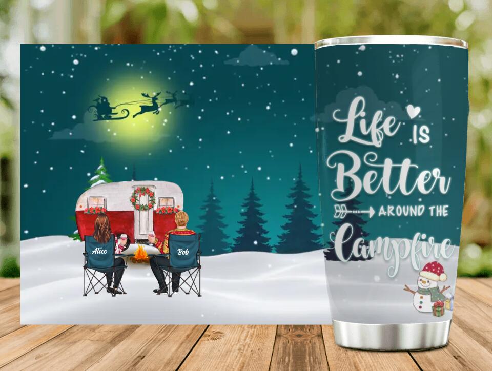 Personalized Xmas Camping Tumbler - Adult/Couple/Single Parent/Parents with Up to 2 Kids And 3 Pets - Christmas Gift Idea For Camping/ Dog/ Cat Lovers - Life Is Better Around The Campfire
