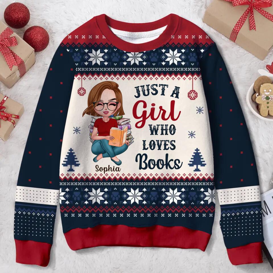 Personalized Girl Reading Book All-Over Print Sweater - Gift Idea For Reading Lover/Christmas Gift - Just A Girl Who Loves Books