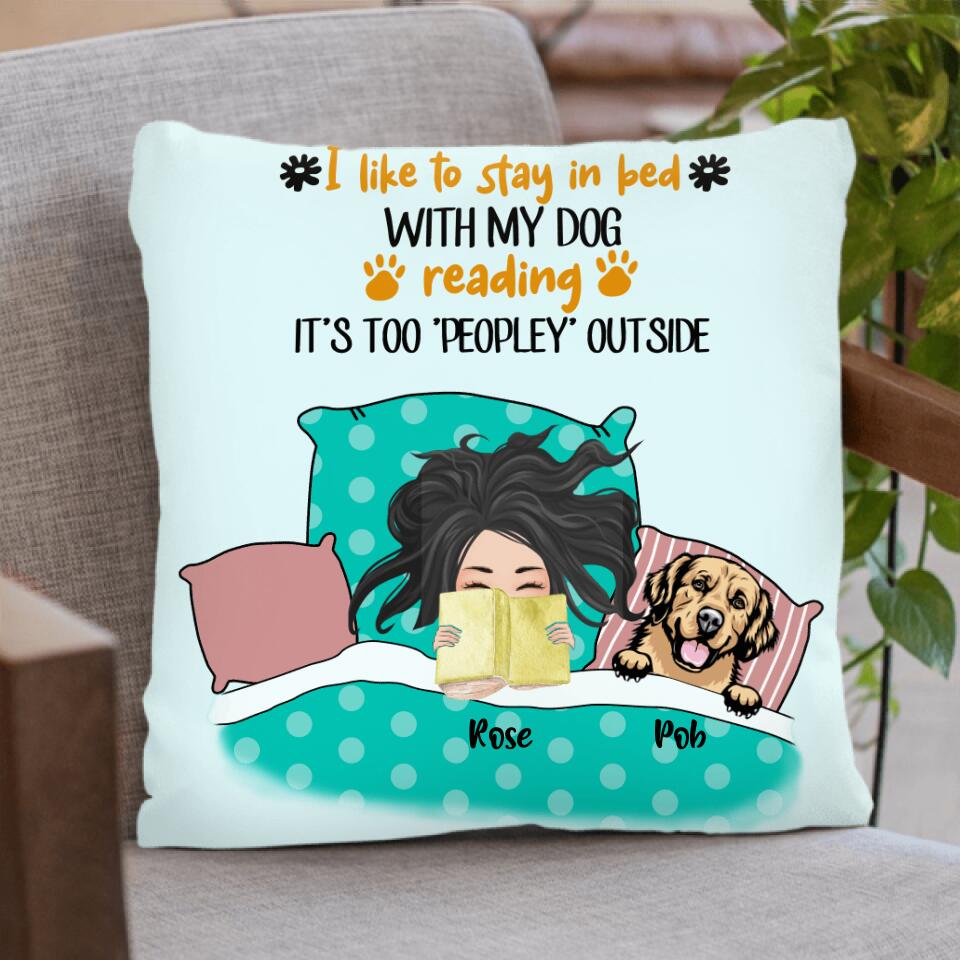 Personalized Stay In Bed With Dog Reading Pillow Cover/Quilt/Fleece Blanket - Girl With Up to 4 Dogs - Best Gift For Dog Lover