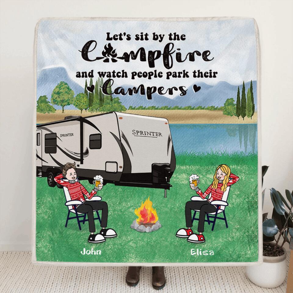 Personalized Camping With Friends Quilt/Fleece Blanket/Pillow Cover - Up to 6 People - Best Gift For Friends/Camping Lovers - Retired Every Hour Is Happy Hour