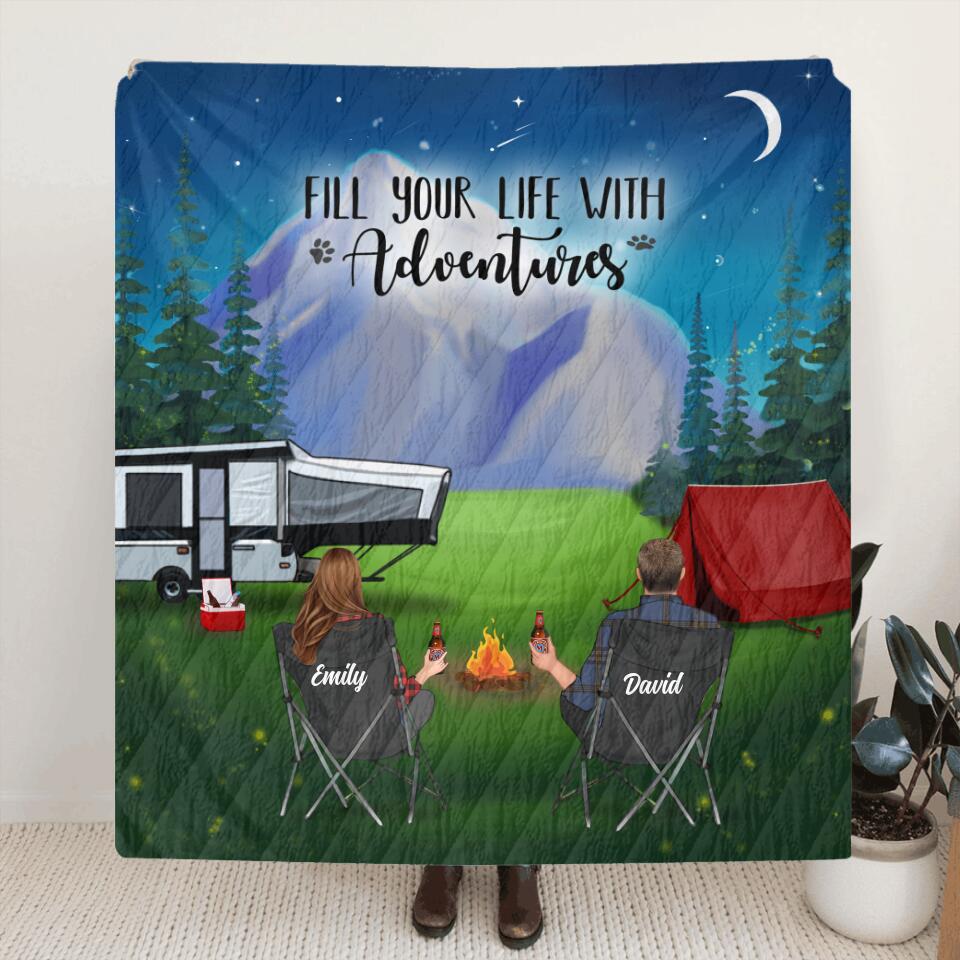 Personalized Camping Pillow Cover/Fleece Blanket/Quilt - Couple/Parents With Up to 3 Kids And 4 Pets - Gift Idea For Camping Lover - Fill Your Life With Adventures