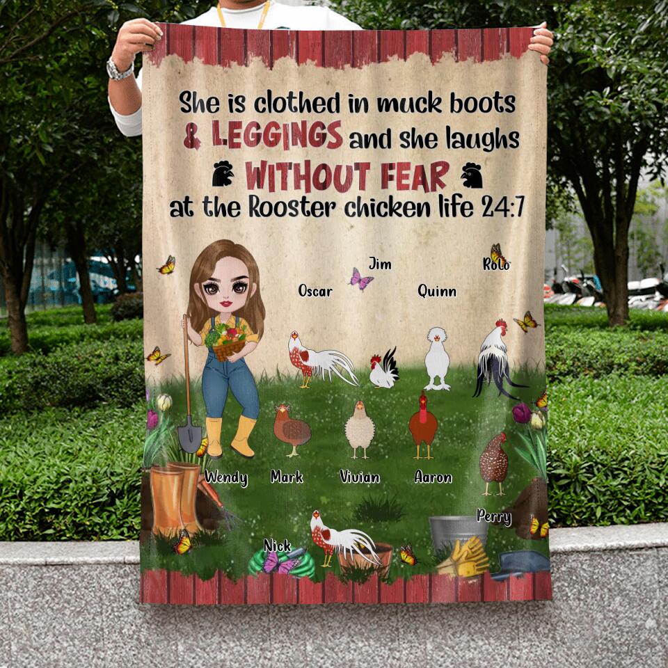 Personalized Chicken Flag Sign - Up to 9 Chickens - Gift Idea For Chicken Lovers - She Is Clothed In Muck Boots & Leggings And She Laughs Without Fear At The Rooster Chicken Life