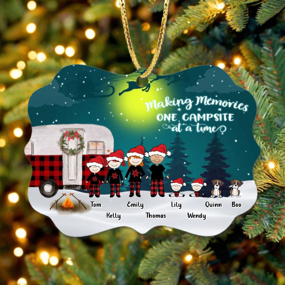 Personalized Christmas Camping Family Wooden Ornament - Couple/Parents with up to 4 Children and 2 Pets - Christmas Gift For Couple/Family - Making Memories One Campsite At A Time