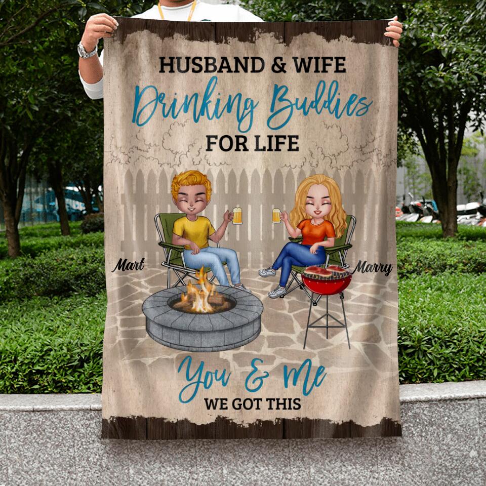 Personalized Couple Flag Sign - Gift Idea For Couple/Camping Lover - Husband & Wife Drinking Buddies For Life