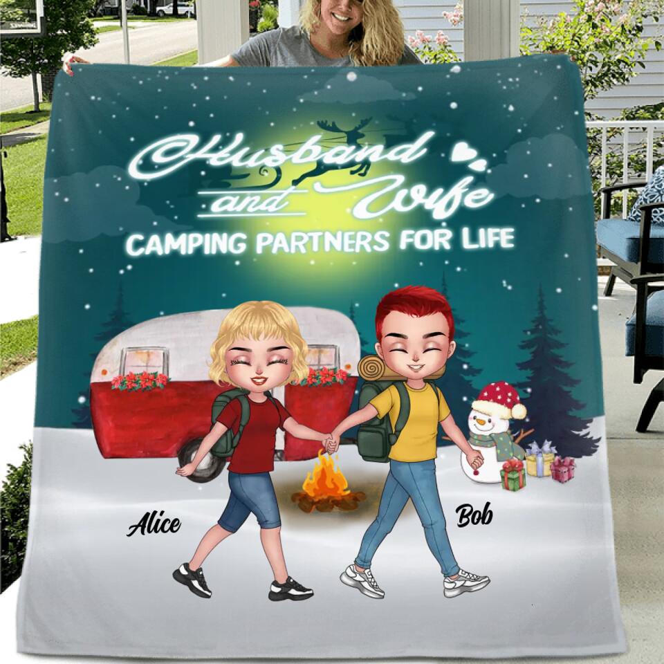 Personalized Xmas Camping Couple Quilt/Fleece Throw Blanket/Pillow Cover - Christmas Gift Idea For Couple - Husband And Wife Camping Partners For Life