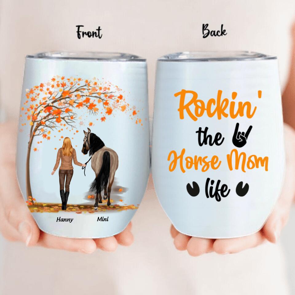Personalized Horse Mom In Autumn Wine Tumbler - Girl With Up to 2 Horses - Best Gift For Horse Lover - Rocking The Horse Mom Life