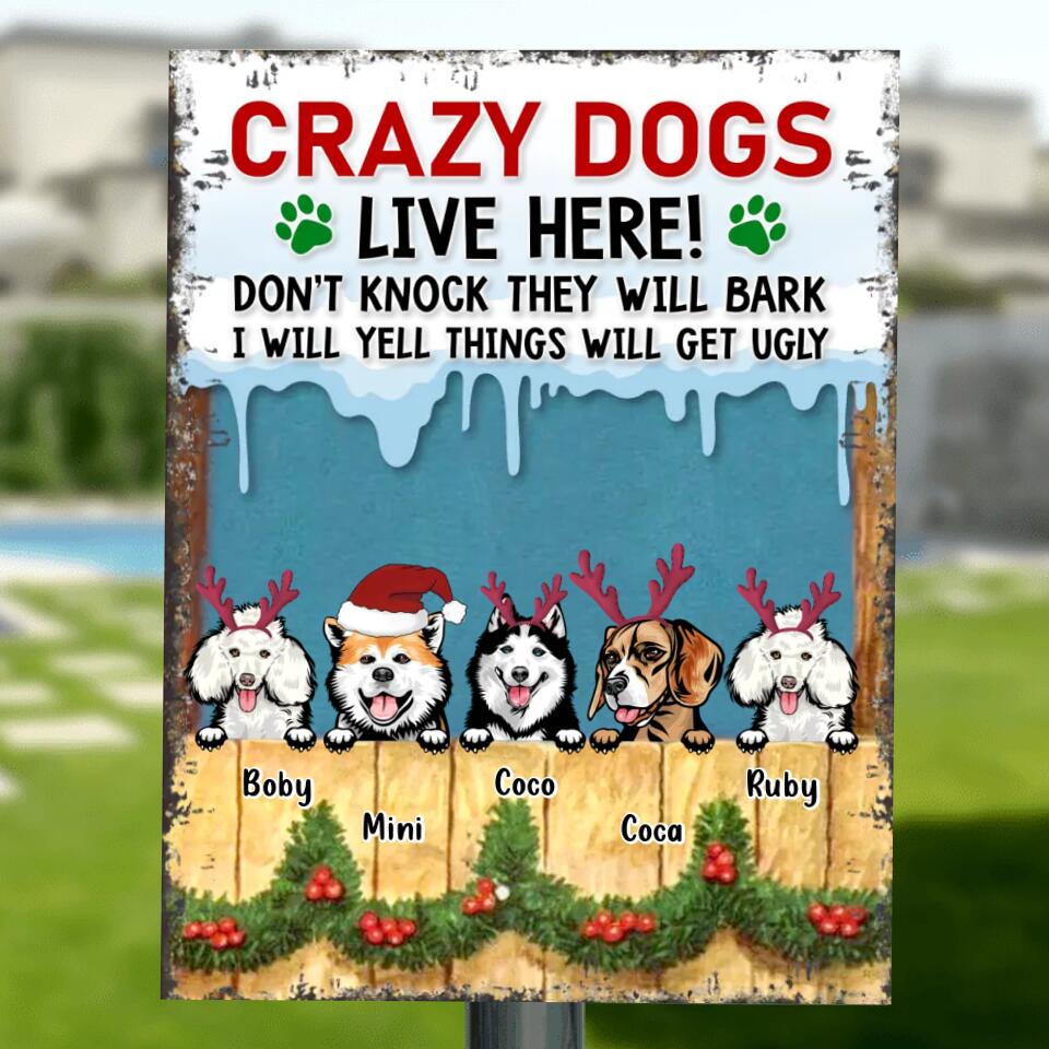 Personalized Christmas Pet Metal Sign - Up to 5 Dogs/Cats - Christmas Gift For Dog/Cat Lover - Crazy Dogs Live Here Don't Knock