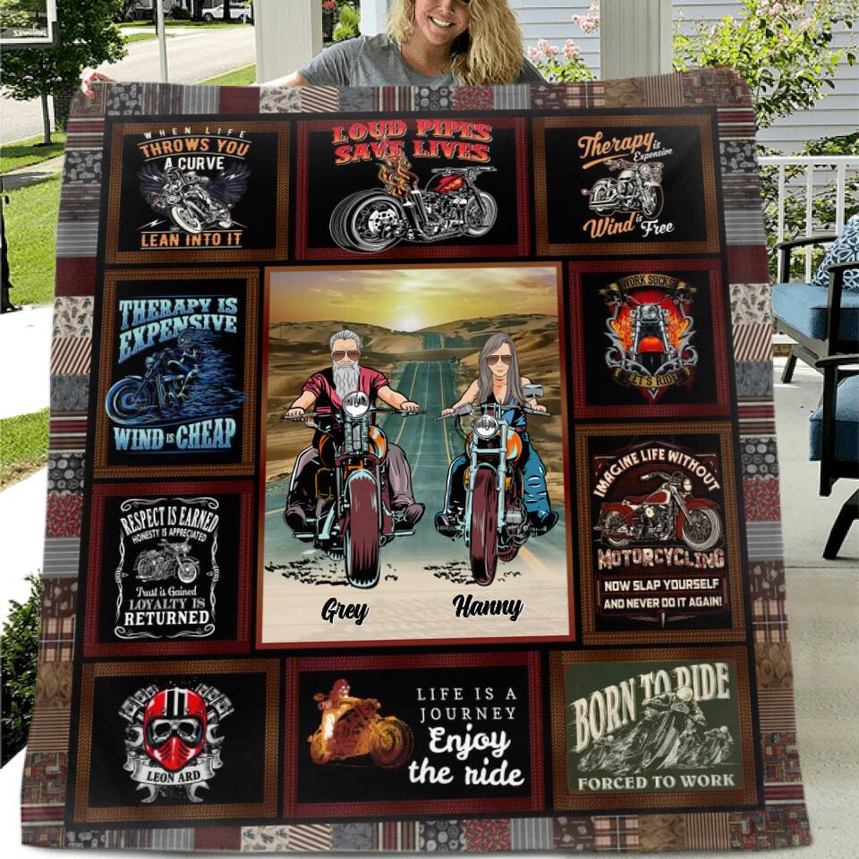 Personalized Couple Biker Quilt/Fleece Throw Blanket - Gift Idea For Couple/Biking Lovers - Life Is A Journey Enjoy The Ride