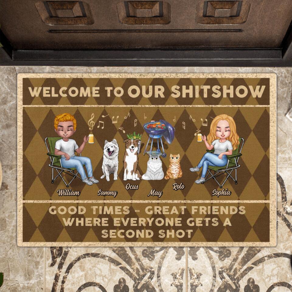 Personalized Couple With Pet Doormat - Couple With Up to 4 Pets - Gift Idea For Couple/Dog/Cat/Camping Lover - Welcome To Our Shitshow