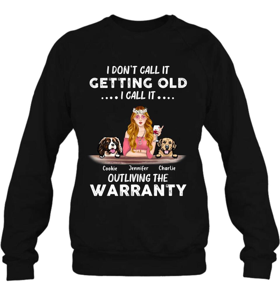 Personalized Hippie Girl T-shirt/Long Sleeve/Sweatshirt/Hoodie - Girl With Up to 2 Dogs - Gift Idea For Hippies/Dog Lovers - I Don't Call It Getting Old I Call It Outliving The Warranty