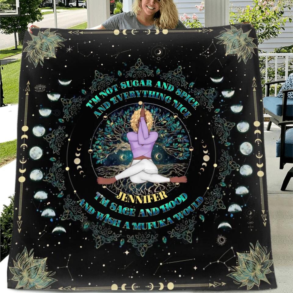 Personalized Yoga Fleece Throw Blanket/Quilt - I'm Sage and Hood and Wish A Mufuka Would - Gift Idea For Yoga Lover