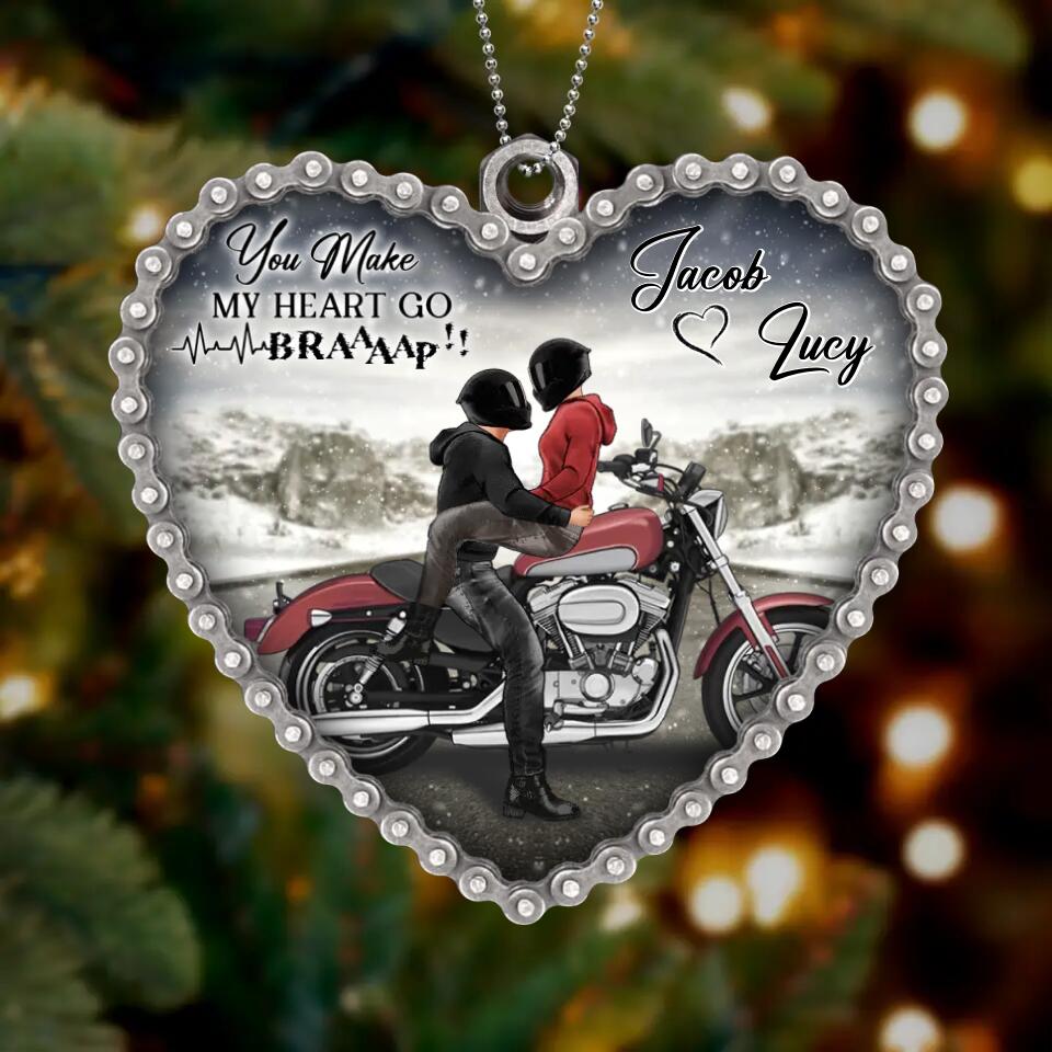 Personalized Riding Couple Acrylic Ornament - Gift Idea For Couple/Motorbike Lovers - You Make My Heart Go Braaap!