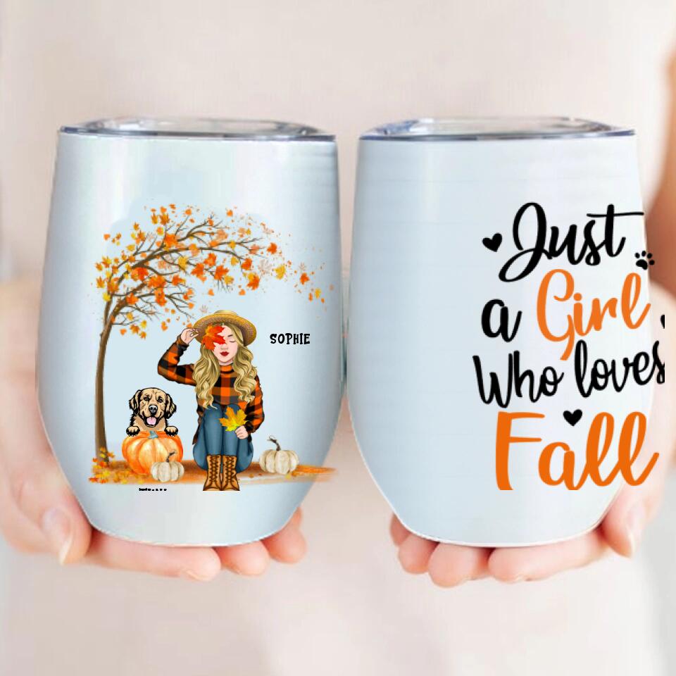 Personalized Fall Dog Mom Wine Tumbler - Up to 4 Pets - Best Gift For Dog Lovers - Just A Girl Who Loves Fall - MTJKZW