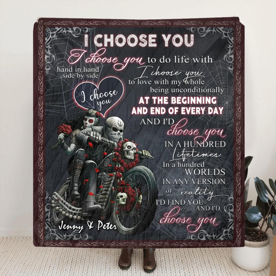 Personalized Skull Couple Quilt/Fleece Throw Blanket - Gift Idea For Couple/Halloween - I Choose You