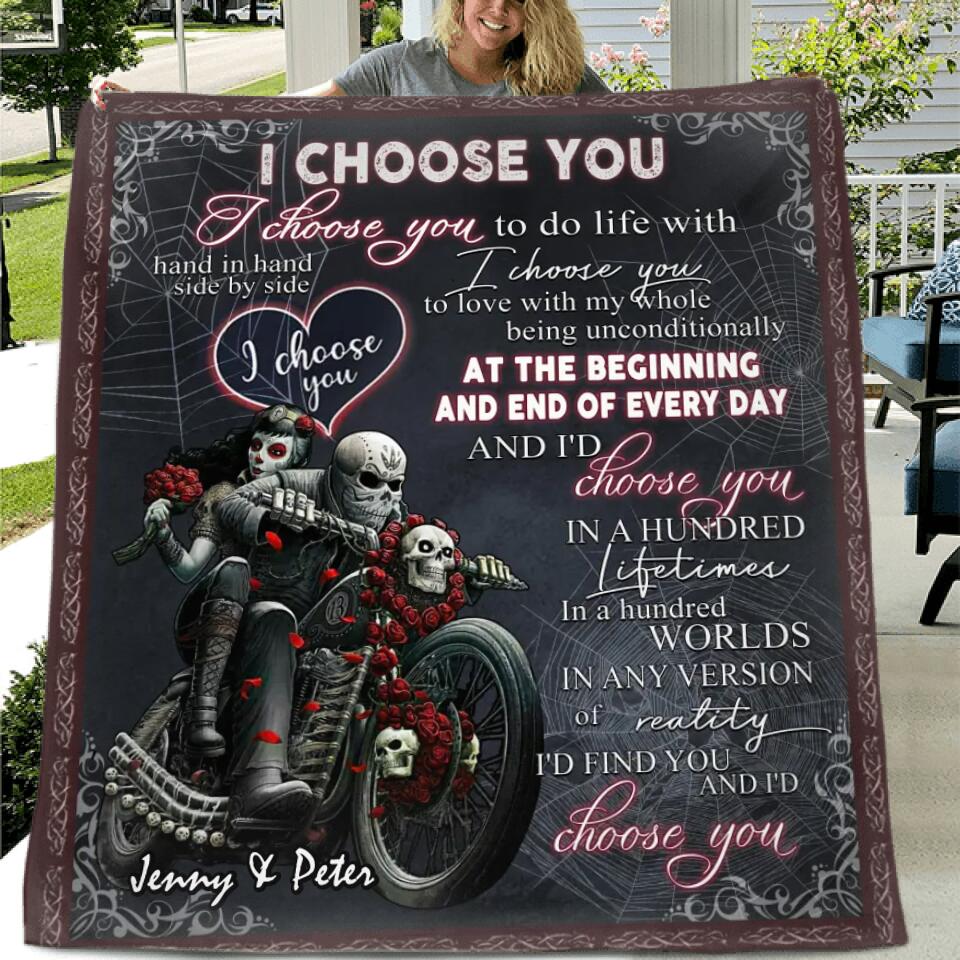 Personalized Skull Couple Quilt/Fleece Throw Blanket - Gift Idea For Couple/Halloween - I Choose You