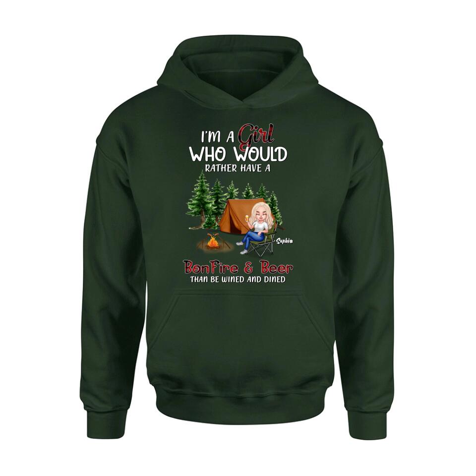 Personalized Camping Girl T-shirt/Long Sleeve/Sweatshirt/Hoodie - Gift Idea For Camping Lover - I'm A Girl Who Would Rather Have A Bonfire & Beer Than Be Wined And Dined