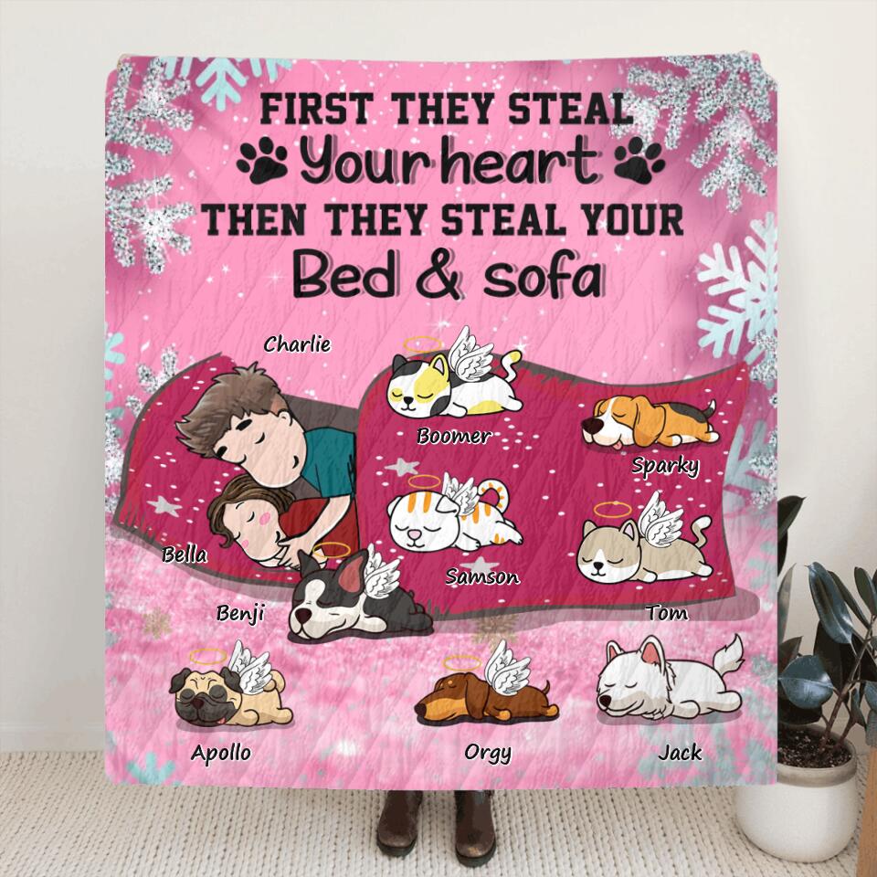 Personalized Couple With Pet Quilt/Fleece Blanket - Couple With Up to 8 Pets - Best Gift For Dog/Cat Lover - First They Steal Your Heart Then They Steal Your Bed And Sofa