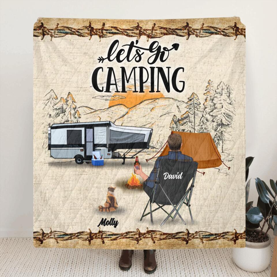 Personalized Camping Fleece Throw Blanket/Quilt - Gift Idea For Camping Lovers - Couple/Single Man/Woman With Up to 6 Pets - Let's Go Camping