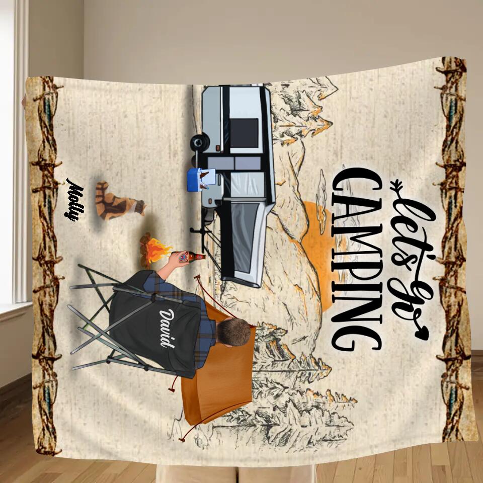 Personalized Camping Fleece Throw Blanket/Quilt - Gift Idea For Camping Lovers - Couple/Single Man/Woman With Up to 6 Pets - Let's Go Camping