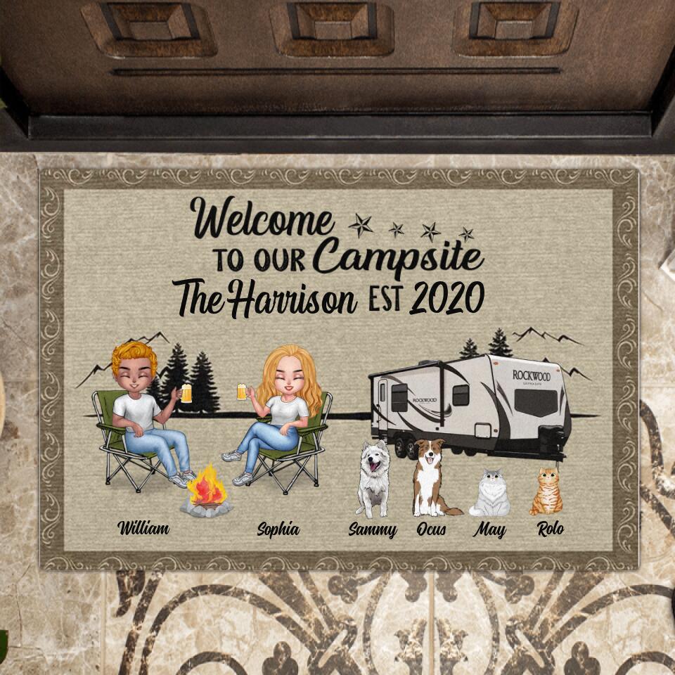 Personalized Camping Doormat - Gift for Camping Lovers - Camping Couple with Pets - Welcome to our campsite