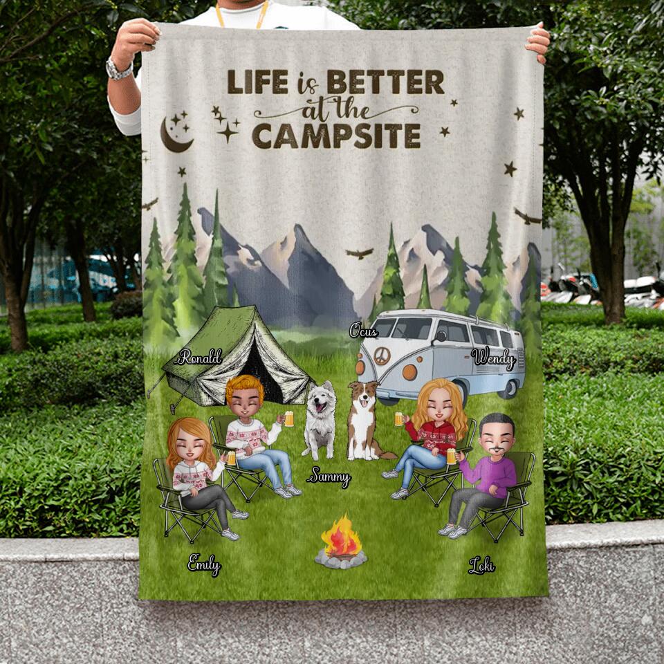Personalized Camping Flag - Up to 4 People and 2 Pets - Gift Idea For Couple/Camping/Dog/Cat Lovers - Life Is Better At The Campsite