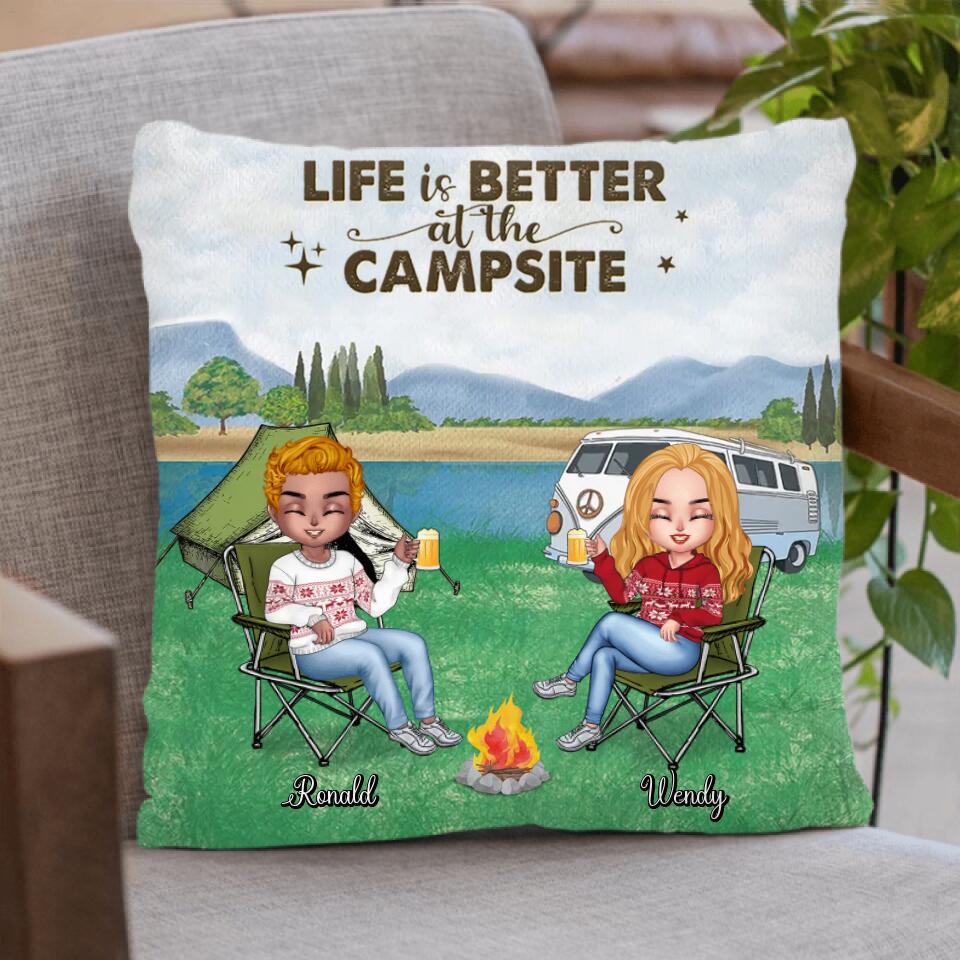 Personalized Camping Pillow Cover/Quilt/Fleece Blanket - Up to 4 People and 2 Pets - Gift Idea For Couple/Camping/Dog/Cat Lovers - Life Is Better At The Campsite
