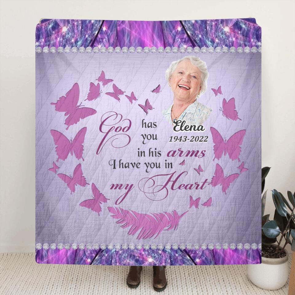 Personalized Memorial Photo Pillow Cover/Fleece Throw Blanket/Quilt - Memorial Gift Idea - God Has You In His Arms I Have You In My Heart