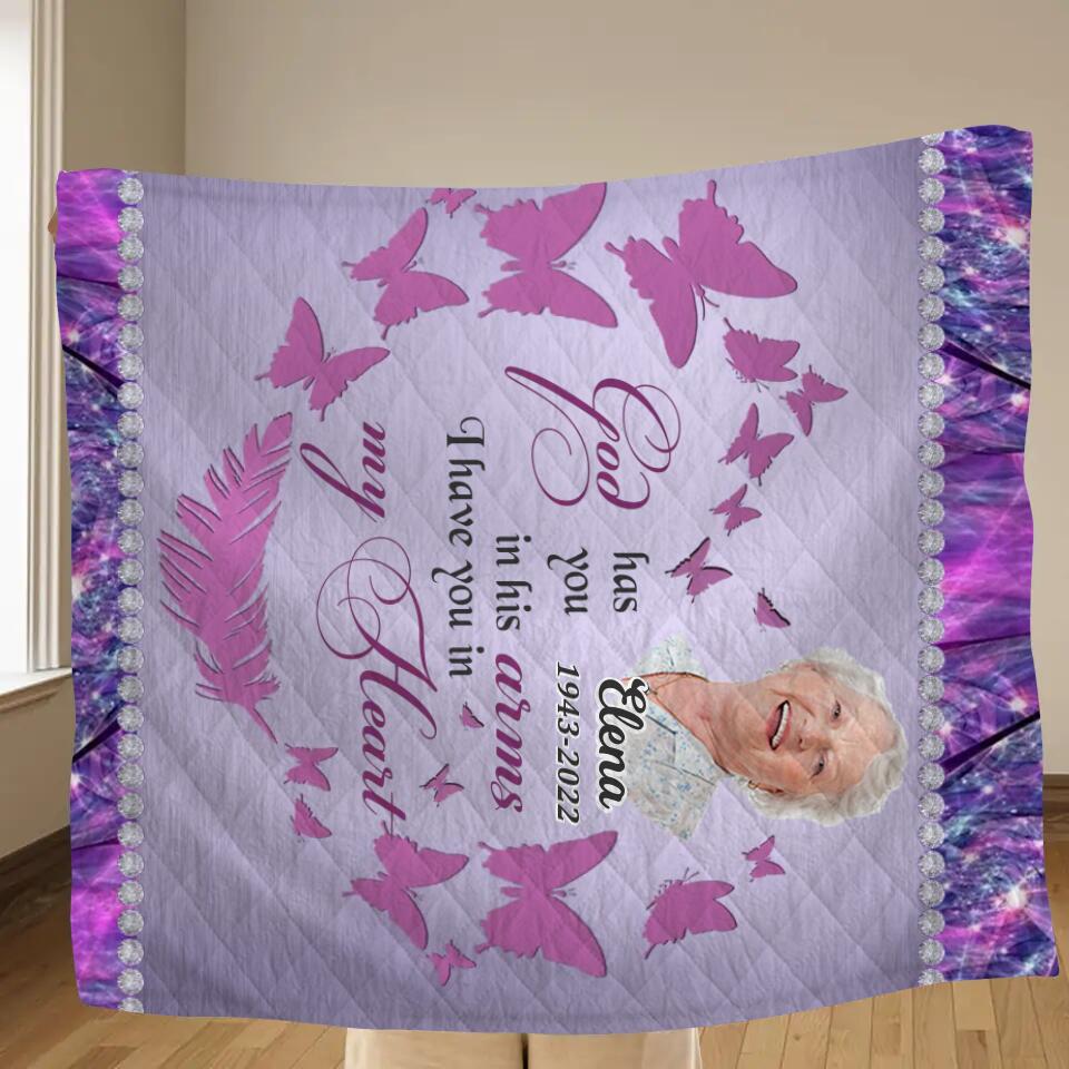 Personalized Memorial Photo Pillow Cover/Fleece Throw Blanket/Quilt - Memorial Gift Idea - God Has You In His Arms I Have You In My Heart