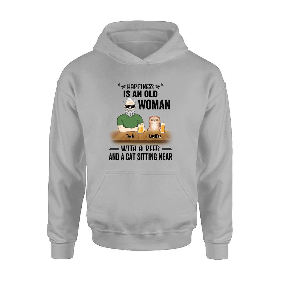 Custom Personalized Pet Lovers T-shirt - Gift Idea For Friends/Besties/Family - Happiness Is An Old Man With A Beer And A Cat Sitting Near