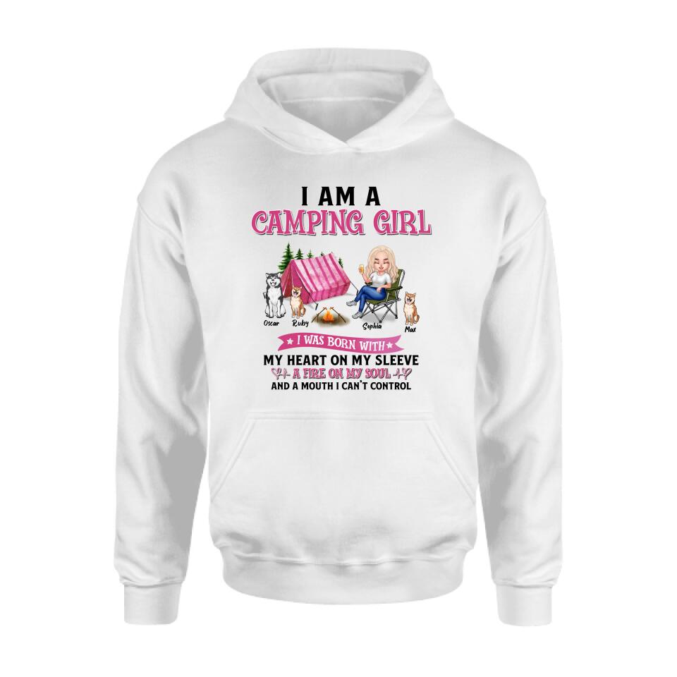 Personalized Camping T-shirt/Hoodie/Sleeve/Sweater - Gift for Camping Lovers, Dog Lovers - Camping Queen Dog Mom - Up to 3 Dogs - I am a camping girl