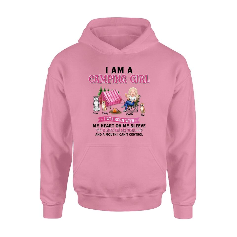 Personalized Camping T-shirt/Hoodie/Sleeve/Sweater - Gift for Camping Lovers, Dog Lovers - Camping Queen Dog Mom - Up to 3 Dogs - I am a camping girl