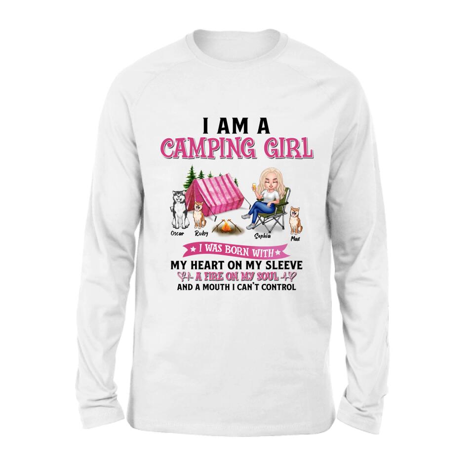 Personalized Camping T-shirt/Hoodie/Sleeve/Sweater - Gift for Camping Lovers, Dog Lovers - Camping Queen Dog Mom - Up to 3 Dogs - I am a camping girl