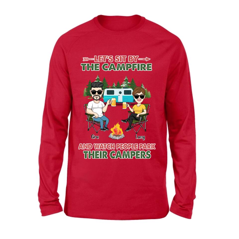 Personalized Couple With Dogs Camping Shirt/Hoodie - Couple With Up to 4 Dogs - Gift For Couple/Camping/Dog Lover - Let's Sit By The Campfire