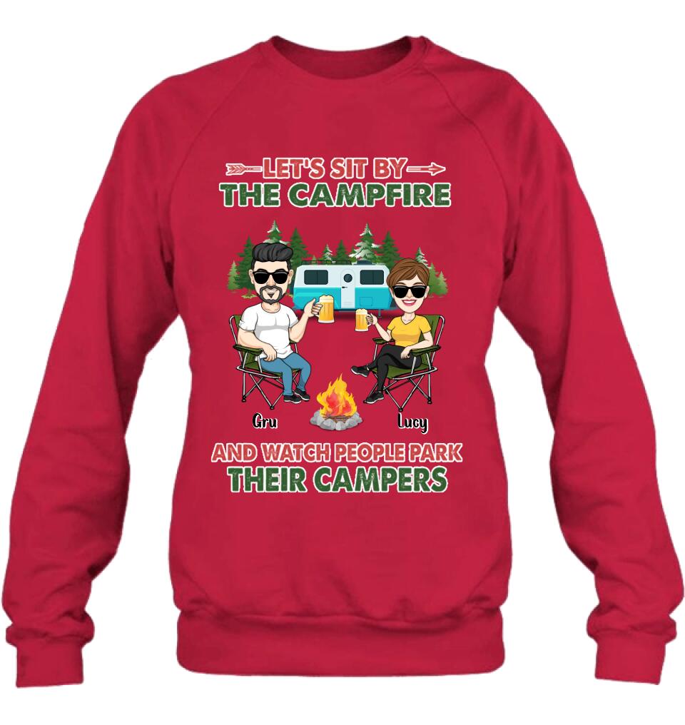 Personalized Couple With Dogs Camping Shirt/Hoodie - Couple With Up to 4 Dogs - Gift For Couple/Camping/Dog Lover - Let's Sit By The Campfire