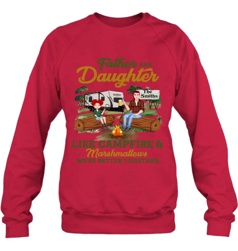 Personalized Camping Dad Shirt/Pullover Hoodie - Father's Day Gift For Camping Lover - Dad/Parents With Up to 2 Kids And 4 Dogs - Father And Daughter Like Campfire & Marshmallows