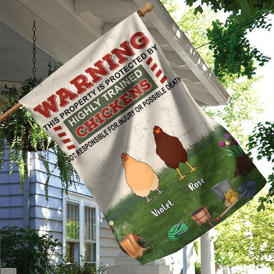 Personalized Chicken Flag Sign - Up to 7 Chickens - Gift Idea For Chicken Lovers - Warning This Property Is Protected By Highly Trained Chickens Not Responsible For Injury Or Possible Death