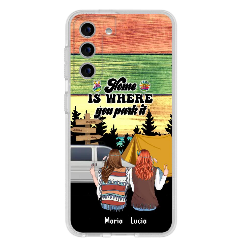 Custom Personalized Hippie Friends Phone Case - Gift Idea For Hippie Lovers - Up to 3 Girls - Home Is Where You Park It - Case For iPhone & Samsung