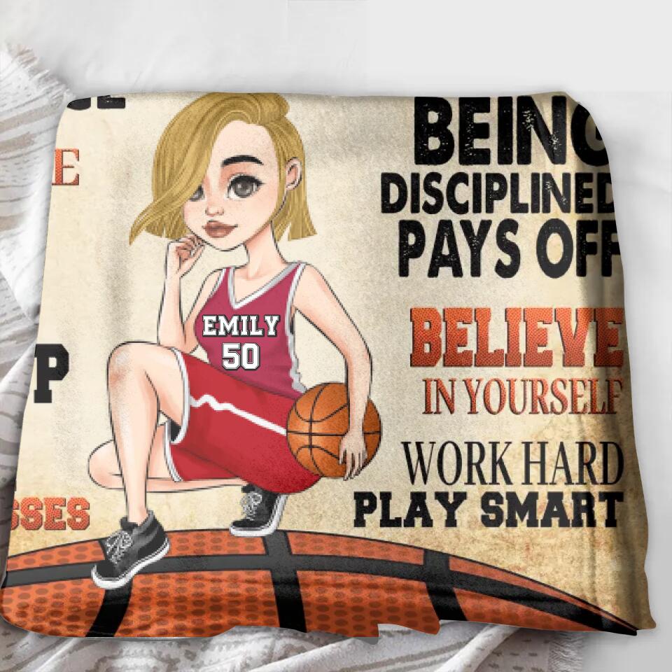 Personalized Basketball Girl Quilt/Fleece Throw Blanket - Gift Idea For Basketball Lovers - Believe In Yourself Work Hard & Play Smart