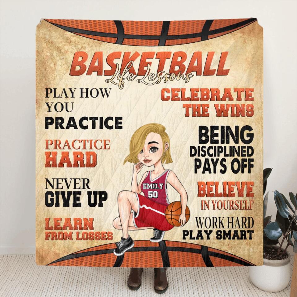 Personalized Basketball Girl Quilt/Fleece Throw Blanket - Gift Idea For Basketball Lovers - Believe In Yourself Work Hard & Play Smart