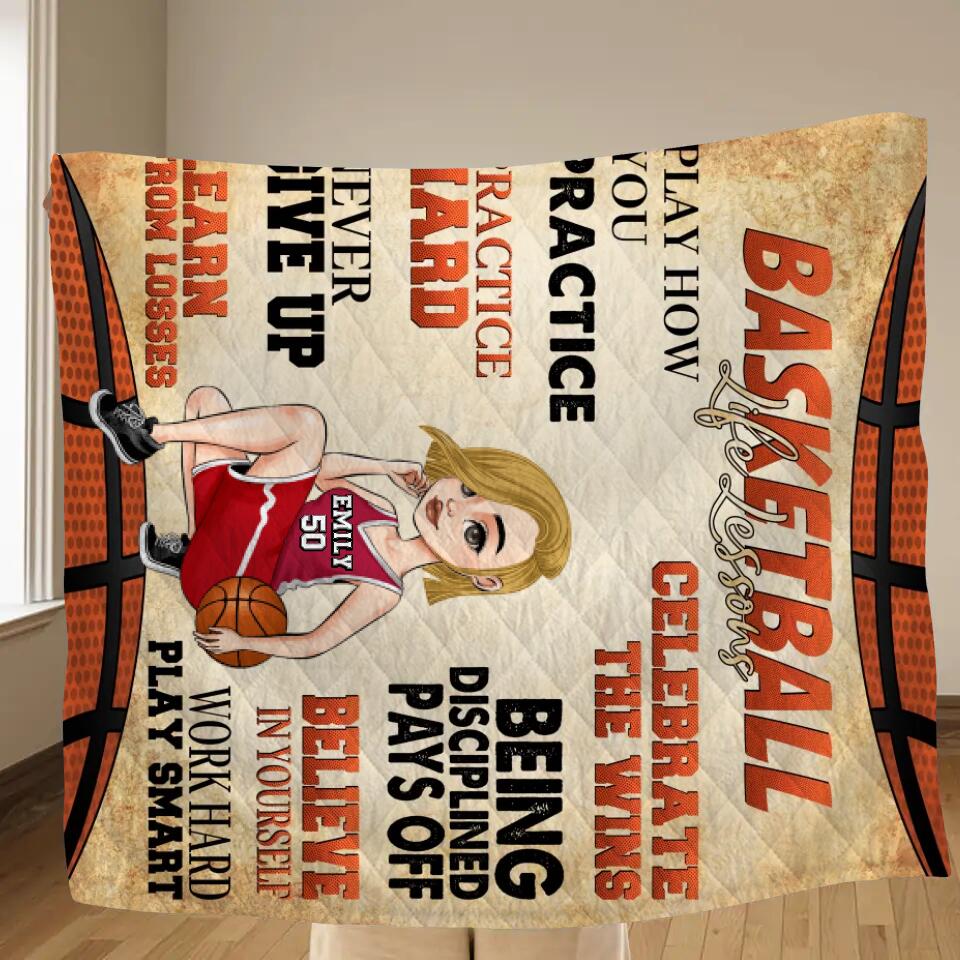 Personalized Basketball Girl Quilt/Fleece Throw Blanket - Gift Idea For Basketball Lovers - Believe In Yourself Work Hard & Play Smart