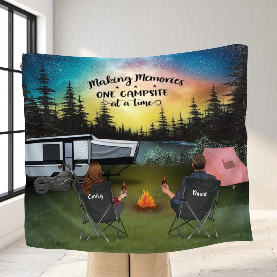 Personalized Night Camping Fleece Throw Blanket/Quilt - Gift for Camping Lovers - Family with kids and pets - Making memories one campsite at a time