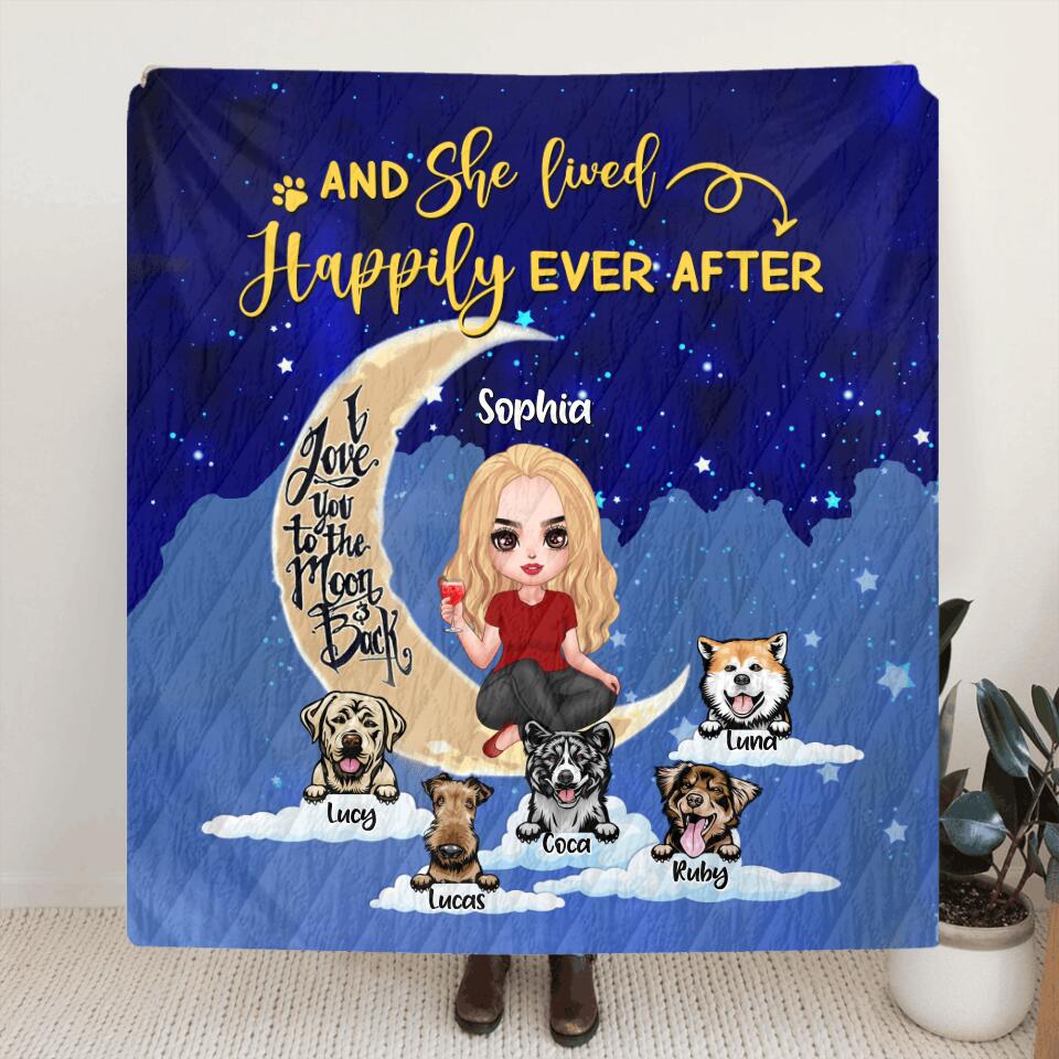 Personalized Dog Mom On Moon Quilt/Fleece Blanket - Girl With Up to 5 Dogs - Gift Idea For Dog Lover - And She Lived Happily Ever After