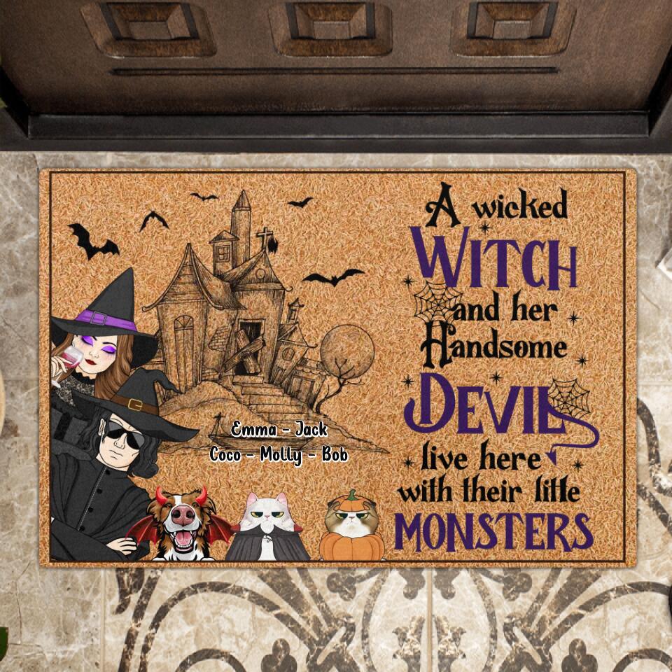 Personalized Wicked Witch Doormat - Gift Idea For Couple/Dog/Cat Lover - Couple/Woman With Up to 4 Pets - A Wicked Witch And Her Handsome Devil Live Here